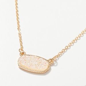 Oval Druzy Stone Charm Short Necklace and Stud Earrings- White